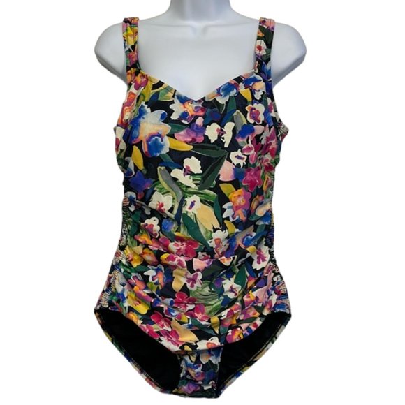 Maxine of Hollywood Other - Women's Maxine of Hollywood Black Tropical Shirred Swimsuit Size 10 EUC #S-32